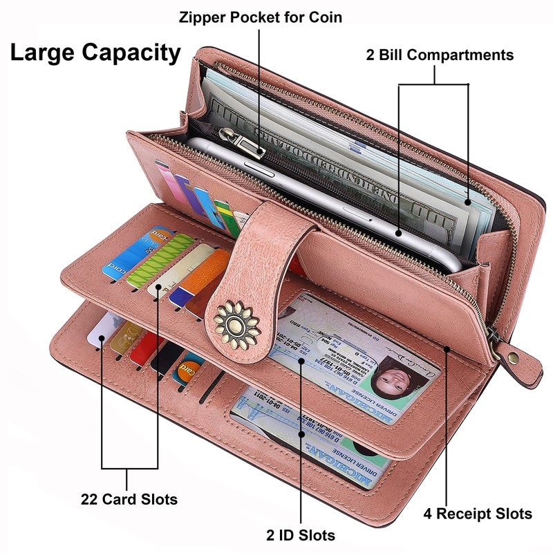 Lavemi Womens Large Capacity Genuine Leather RFID Blocking Wallets Wristlet Clutch Card Holder(1- Dark Pink) - Image 5